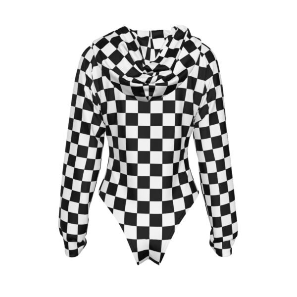 Checkered All-Over Print Women's Raglan Sleeve Hooded Bodysuit - Image 2