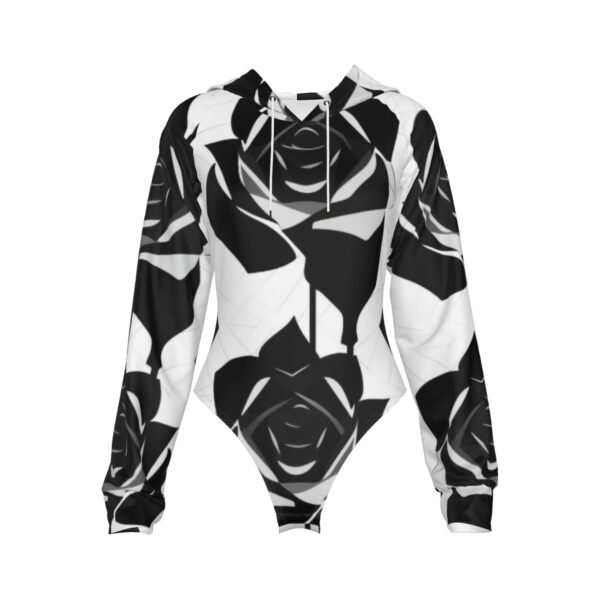 Black Rose All-Over Print Floral Women's Raglan Sleeve Hooded Bodysuit