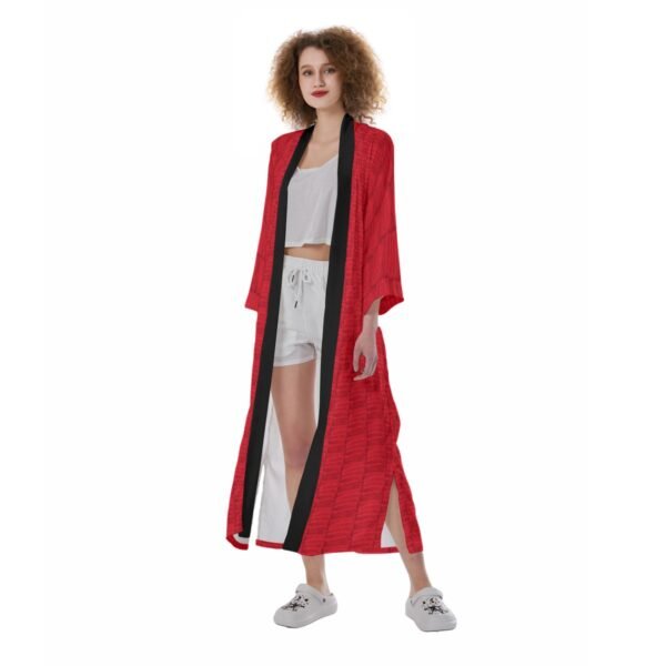 Red All-Over Print Women's Satin Kimono Long Robe - Image 3