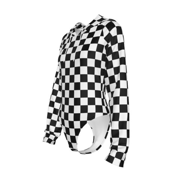 Checkered All-Over Print Women's Raglan Sleeve Hooded Bodysuit - Image 4