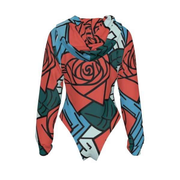 Red and Blue Floral All-Over Print Women's Raglan Sleeve Hooded Bodysuit - Image 2