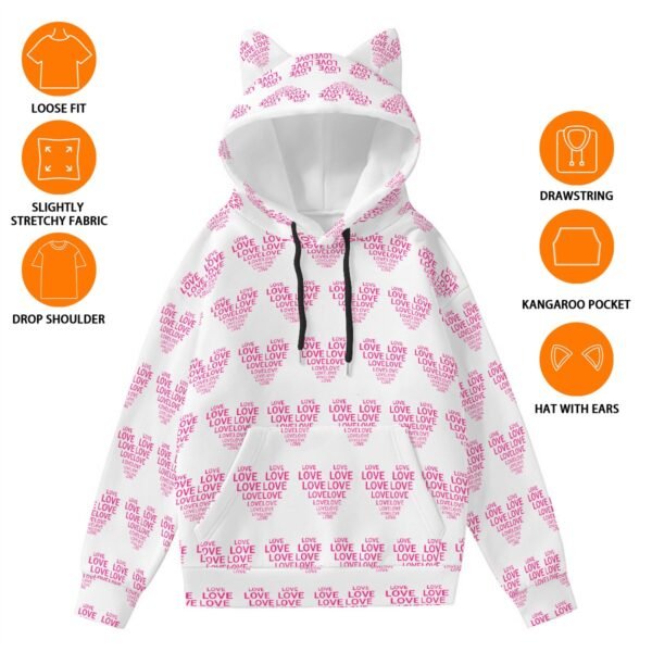 Pink Love Heart All-Over Print Women’s Hoodie With Decorative Ears - Image 4