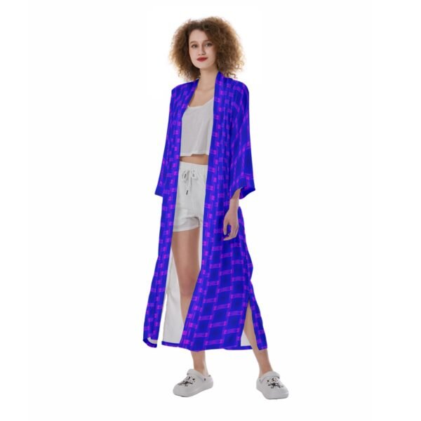 All-Over Print Women's Blue Satin Kimono Long Robe - Image 3